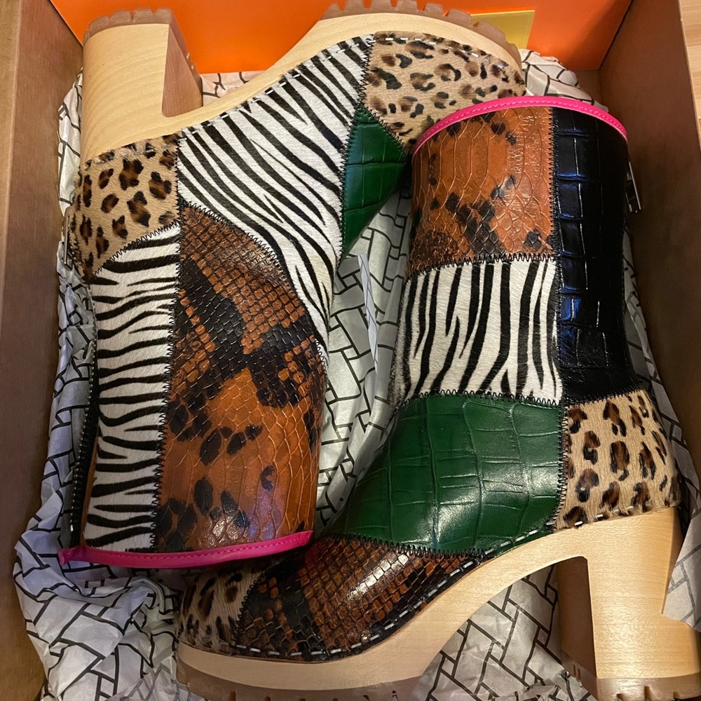 Swedish Hasbeens Green Heeled Boots with Chunky Wooden Heel